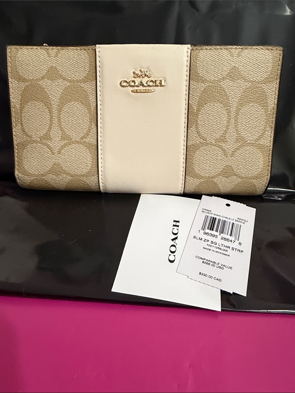 Coach Beige Signature Canvas Wallet with Cream Center Panel